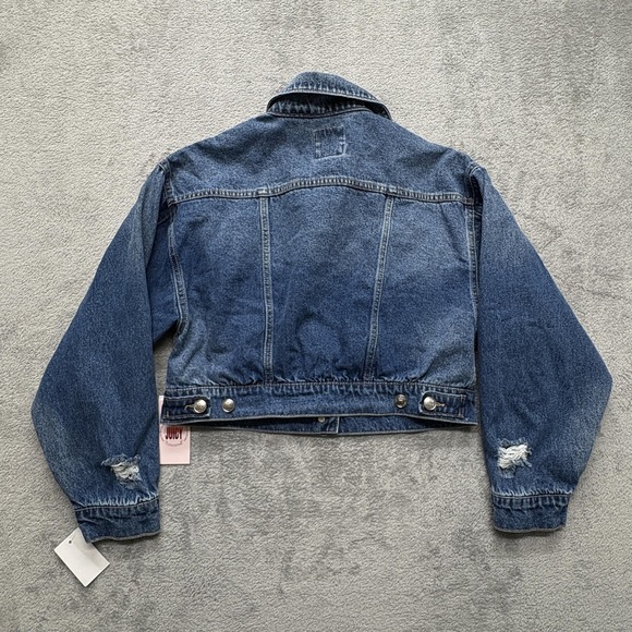 Juicy Couture Denim Jacket‎ Womens Medium Cropped Crown Embroidery Distressed - Picture 2 of 7